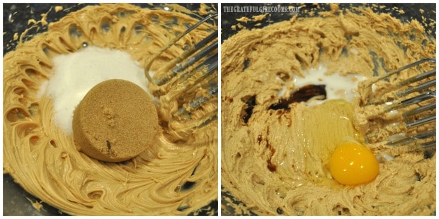 Sugars, egg, milk and vanilla are added to the cookie dough mixture.