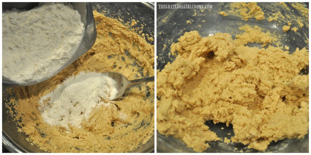 Flour, baking soda and salt are added to the cookie dough batter.