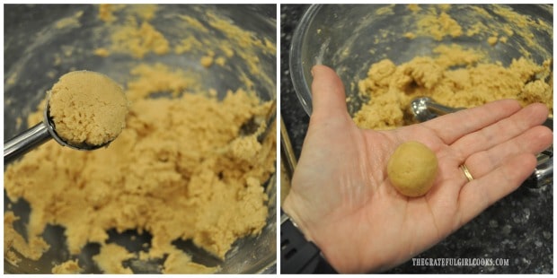 Cookie dough is rolled into 1" balls before baking.