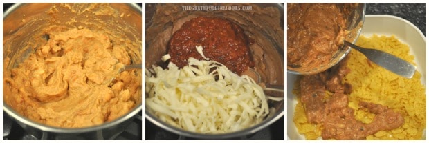 Refried beans are heated then mixed with salsa and jack cheese & added to top of corn chips.