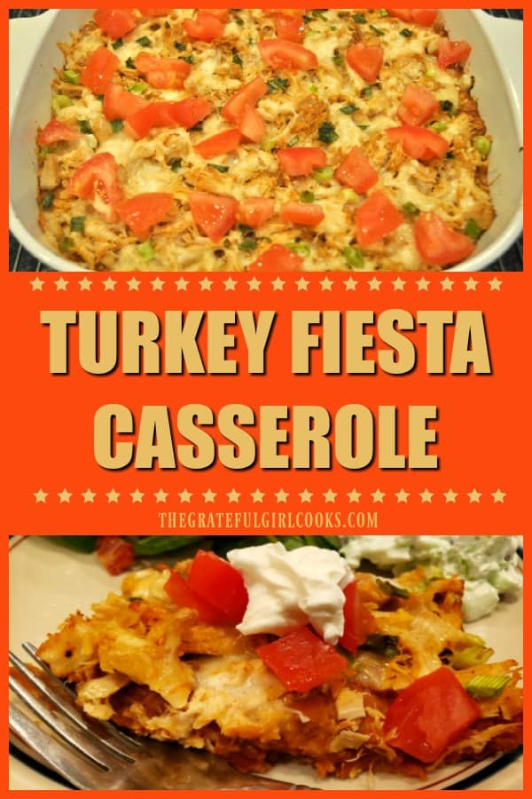 Turkey Fiesta Casserole is a great way to use up cooked turkey. This easy Mexican-style dish has turkey, corn chips, refried beans, cheese & salsa!