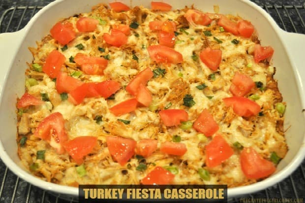 Turkey Fiesta Casserole is a great way to use up cooked turkey. This easy Mexican-style dish has turkey, corn chips, refried beans, cheese & salsa!