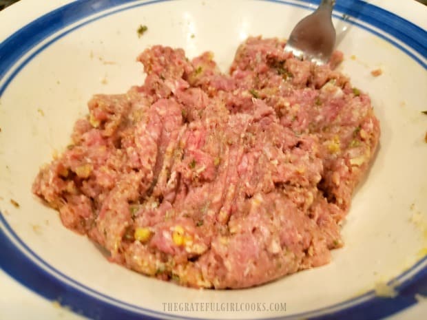The meat mixture is fully combined and ready to form into meatballs.
