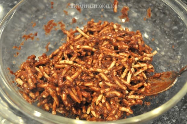 Once chow mein noodles are covered, they're ready to shape into clusters.