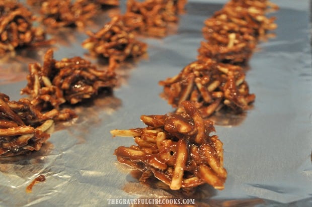 Chocolate caramel clusters waiting for chocolate to firm up, before being eaten.