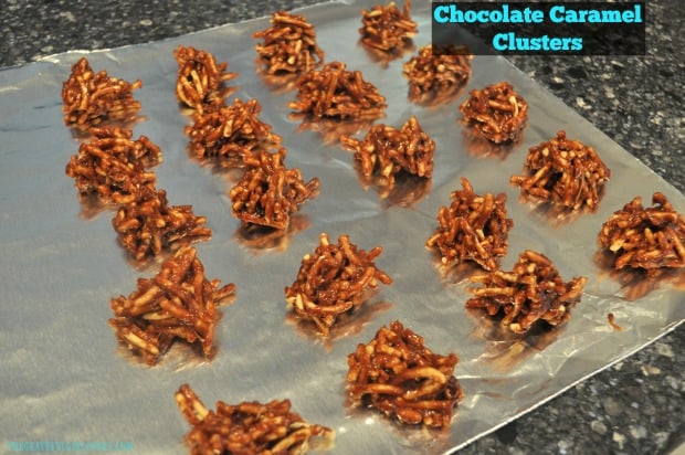 Five ingredients are all you need to quickly make yummy Caramel Chocolate Clusters, with chow mein noodles, peanut butter, chocolate chips & caramels!