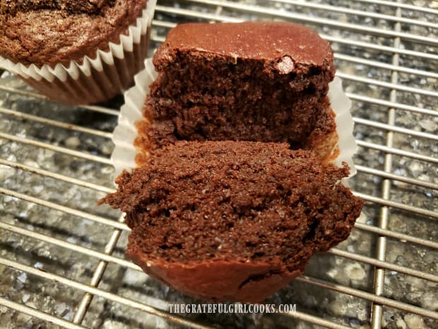 A peek at the inside of one of the air fryer chocolate muffins.