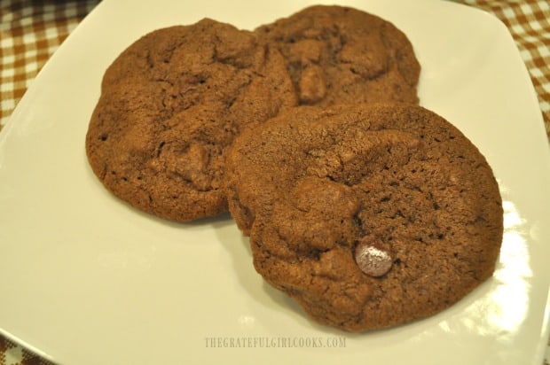 Three mocha chocolate chip cookies on a white plate.