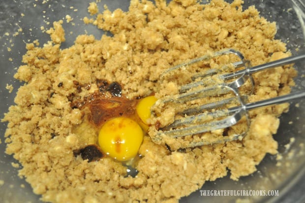 Eggs, and dissolved coffee powder are added to the cookie dough.