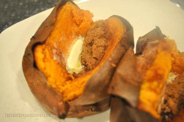 Mix the butter, brown sugar and cinnamon into the sweet potato and serve.