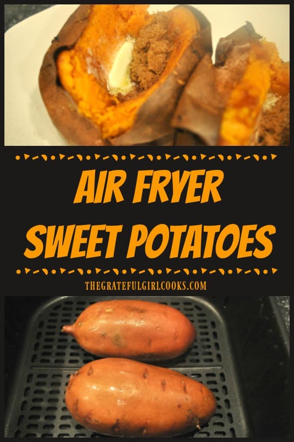 It's EASY to make absolutely delicious air fryer sweet potatoes! Topped with cinnamon, brown sugar, and butter, this filling veggie tastes amazing!