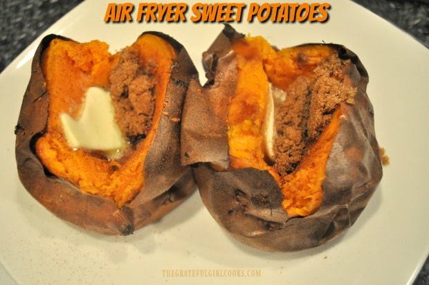 It's EASY to make absolutely delicious air fryer sweet potatoes! Topped with cinnamon, brown sugar, and butter, this filling veggie tastes amazing!