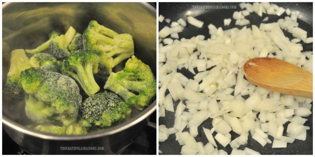 Broccoli and chopped onions are cooked before assembling casserole.