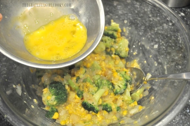 Beaten egg is added to the broccoli corn casserole ingredients.