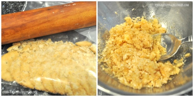 Crackers are smashed into crumbs and combined with melted butter for topping.