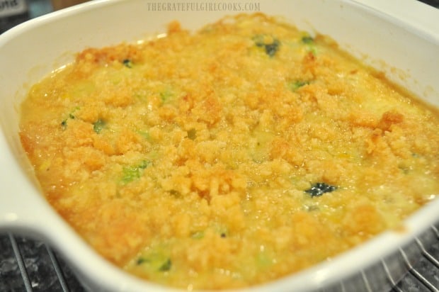 After baking, the casserole cools for a couple minutes before serving.