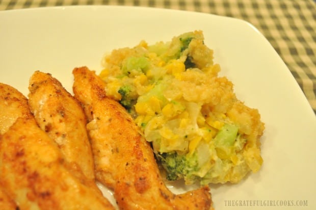 Chicken strips are served with the broccoli corn casserole.