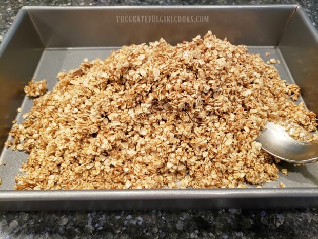 The bar cookie mixture is spread evenly into a lightly greased 9x13 baking dish.