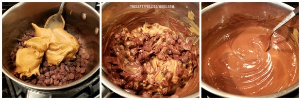 Milk chocolate chips and peanut butter for frosting are melted in a double boiler.