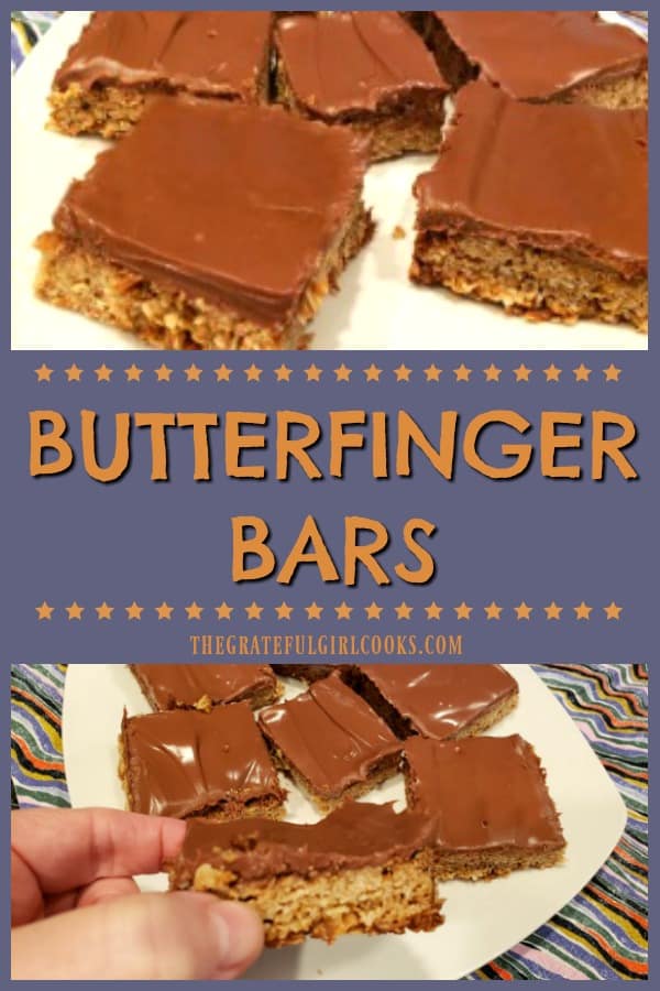 Butterfinger Bars are incredible tasting, crisp, buttery oat bars, topped with a creamy milk chocolate/peanut butter icing. This easy recipe makes 24!