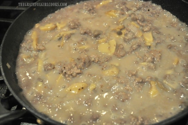 Mushrooms, red wine, and mushroom soup are added to ground beef stroganoff mixture.