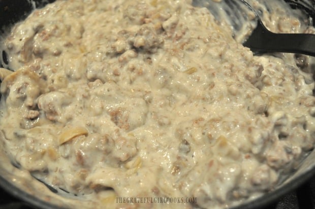 The ground beef stroganoff is heated through before serving.