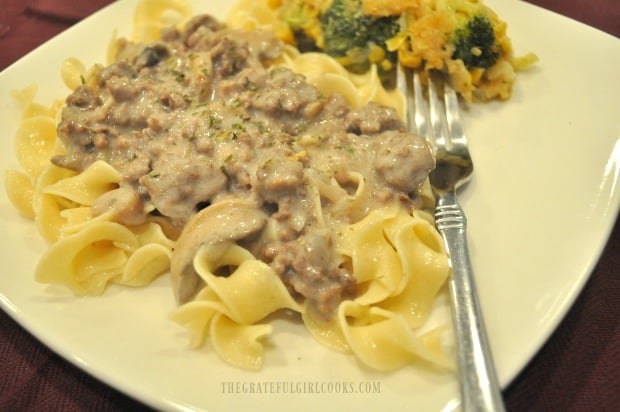 Easy ground beef stroganoff on noodles, with broccoli casserole on the side.