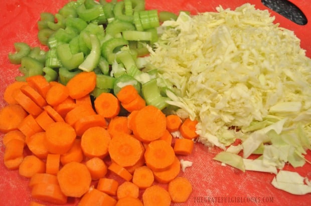 Carrots, celery and green cabbage are prepped for the minestrone soup.