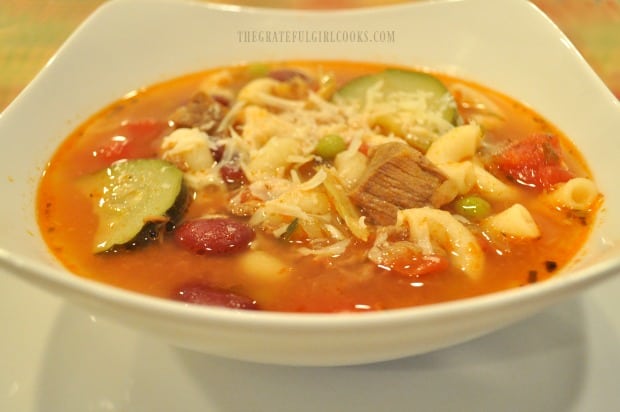 Beef, veggies macaroni, tomatoes and beans are featured in hearty minestrone soup.