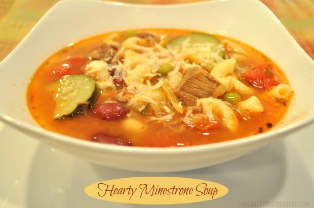 Hearty Minestrone Soup is filling and DELICIOUS! This classic Italian soup, with meat, veggies, tomatoes, beans, and macaroni is sure to please.