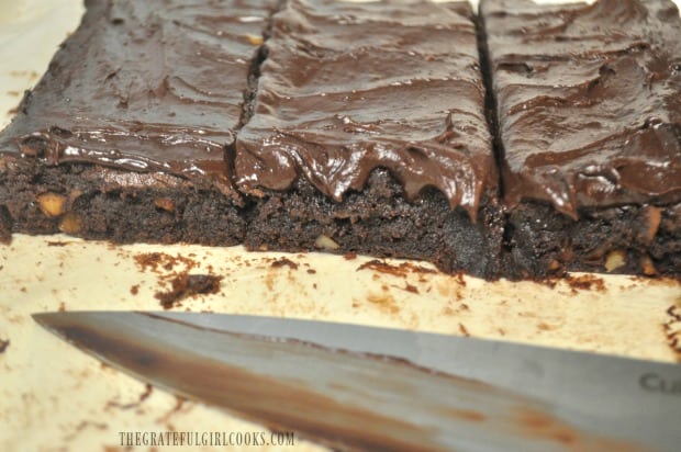 Here are the brownies, covered with the creamy chocolate frosting.