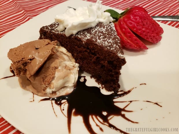 Air fryer brownies are cut in wedges and served with ice cream, etc.