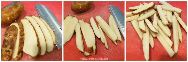 Raw potatoes are cleaned, then sliced into fry shapes before cooking.