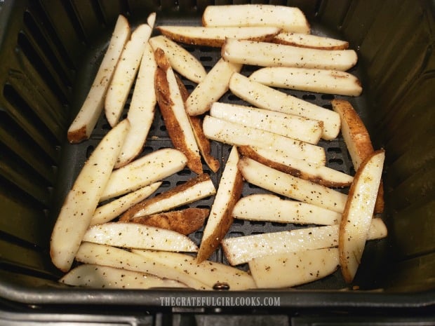 The air fryer basket holds a single layer of seasoned fries.