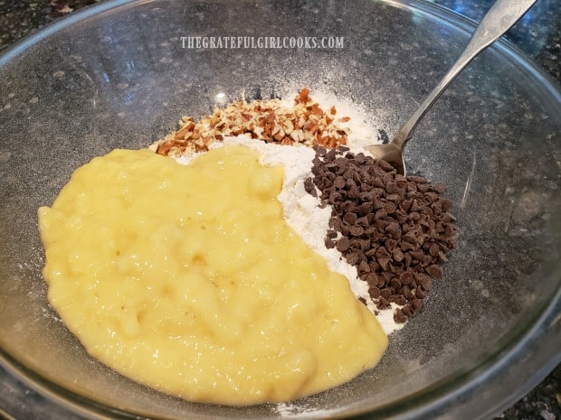 Time to stir together all the ingredients for the chocolate chip banana nut muffins.