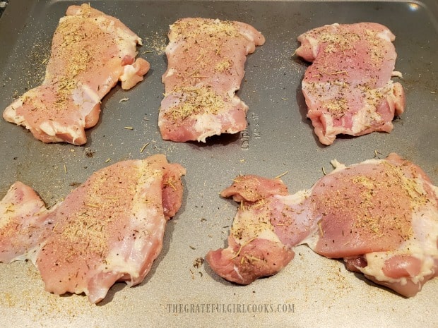 Boneless, skinless chicken thighs are seasoned with spices and are ready to cook.