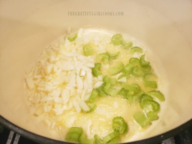 Chopped onions and celery are cooked in butter to tenderize.