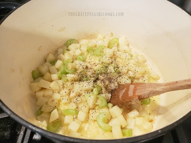 The potatoes are seasoned with salt and pepper.