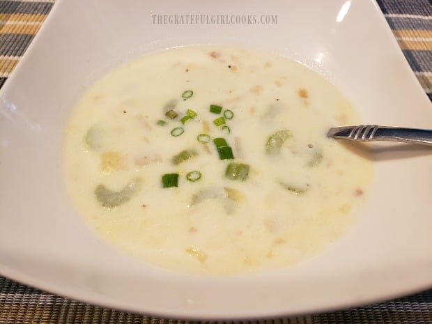 Sliced green onions are added to the easy potato chowder, right before serving.