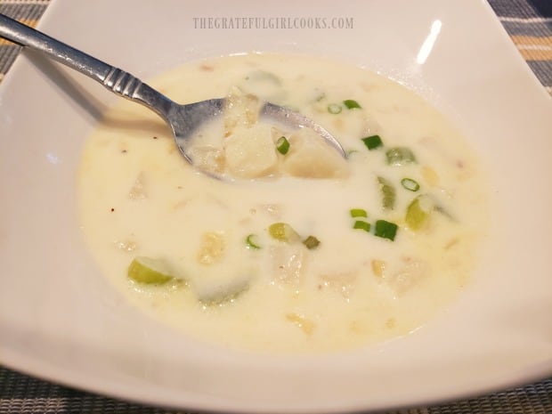 You can see the chunks of potatoes in the finished chowder.