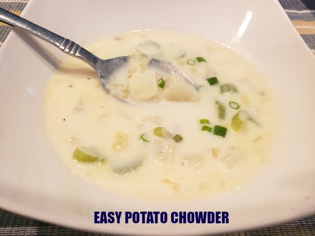 Make four servings of yummy, filling, easy potato chowder in about 30 minutes, from start to finish, using a few simple and common ingredients!