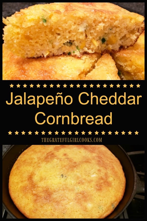 Jalapeño Cheddar Cornbread, (with corn kernels, sliced jalapeños, onions and grated cheddar cheese), is an EASY to make, flavorful side dish for 8!