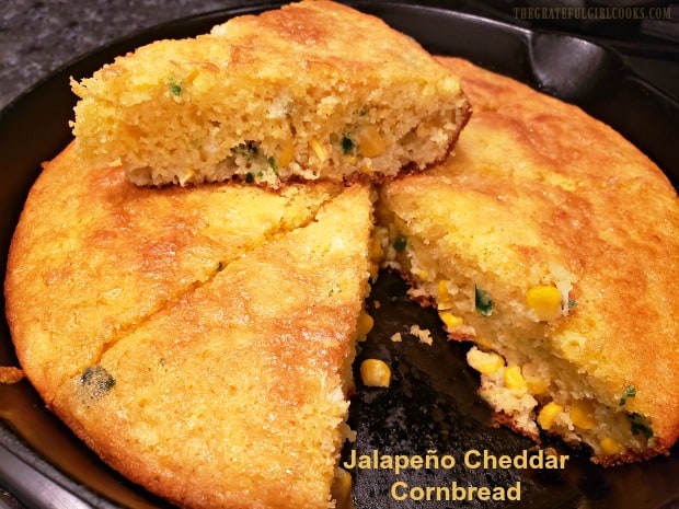 Jalapeño Cheddar Cornbread, (with corn kernels, sliced jalapeños, onions and grated cheddar cheese), is an EASY to make, flavorful side dish for 8!