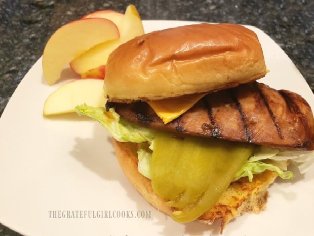 A Santa Fe Chicken Sandwich is served on a plate, with sliced apples on the side.