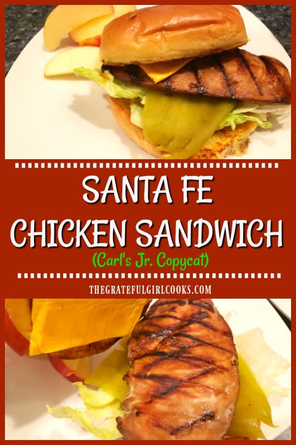 Enjoy a tasty copycat Carl's Jr. Santa Fe Chicken Sandwich. Marinated chicken, cheese, Southwest sauce, green chile & lettuce on a toasted bun. YUM!