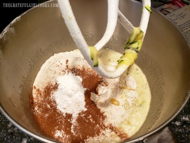 The "dry" ingredients are then combined with the "wet" ingredients in bowl.