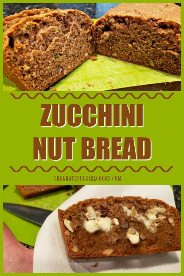 This simple recipe for zucchini nut bread yields two standard-sized loaves. The bread is EASY to make (honest!), and tastes absolutely delicious!