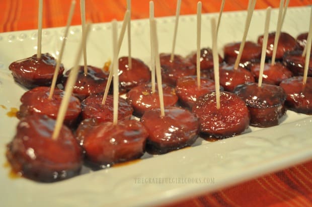 You can see the glaze on each of the apricot pineapple kielbasa bites. YUM!