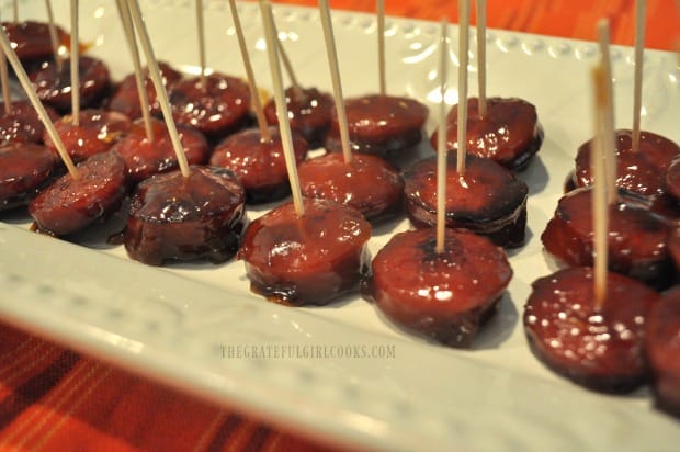 A platter full of apricot pineapple kielbasa bites, ready to eat!