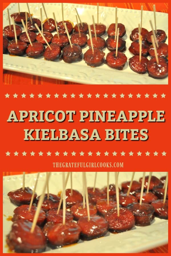 Apricot Pineapple Kielbasa Bites are delicious, easily made appetizers to serve family or friends. A sweet fruit glaze coats each bite to perfection.